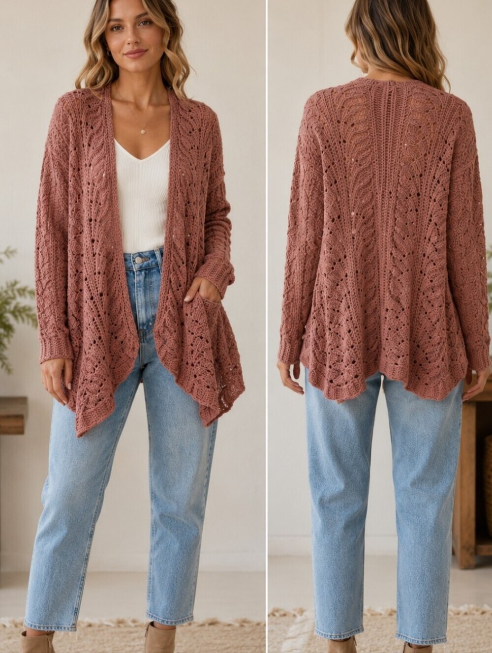 Moon &Madison Dusty Rose Open Knit Boho Cardigan XS Cozy Cottagecore Sweater Y2K